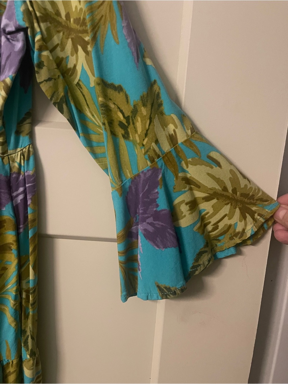 Susan Graver PassporTropical Print Button-Front Tiered Dress - Turquoise & Olive - Picture 2 of 3